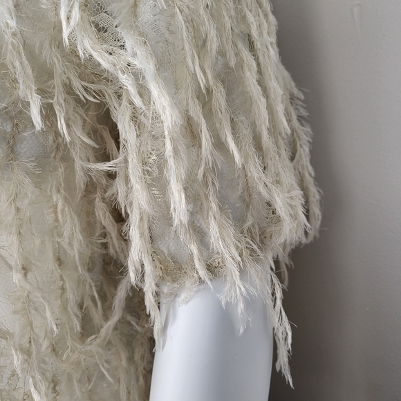 Zara short sleeve shirt cream faux feather sheer with lower back Opening Sz XS - Picture 7 of 11